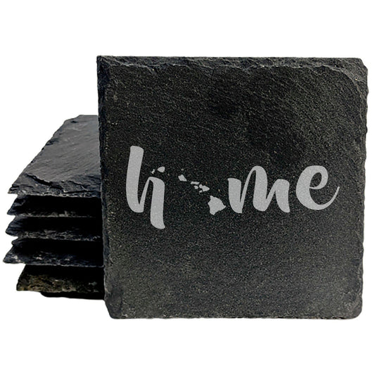 Rustic Slate Coasters Set of 4 - Laser Etched 'Home' Design with Hawaii State - Perfect Gift for Holidays, Birthdays, Housewarming - 4" Round/Square - Made in Oregon, USA - Natural Chipped Edge