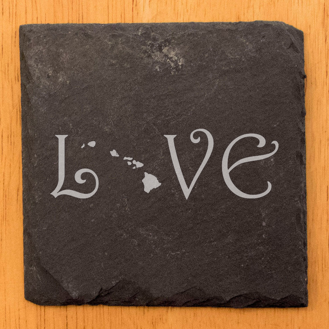 Rustic Slate Coasters Set of 4, Round 4" with 'LOVE' Hawaii Design, Perfect for Holidays, Birthdays, Housewarming Gifts, She-Shed or Man Cave, Made in Oregon, USA, Natural Chipped Edge, Rubber Feet