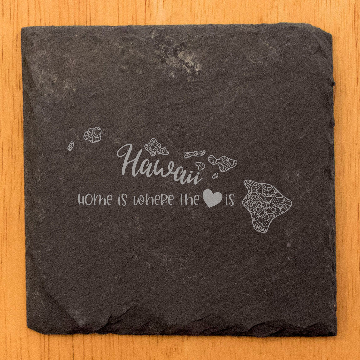 Rustic Slate Coasters Set of 4 - Round 4" with Hawaii Mandala Design, 'Home is where the heart is' - Perfect Gift for Holidays, Birthdays, Housewarming - Made in Oregon, USA - Natural Chipped Edge