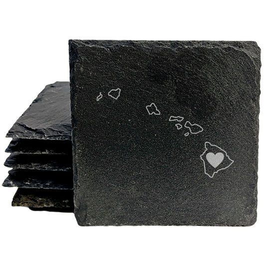 Rustic Slate Coasters Set of 4, Round 4" with Hawaii Heart Design, Laser Etched, Perfect for Holidays, Birthdays, Housewarming, She-Shed, Man Cave, Made in Oregon, USA,