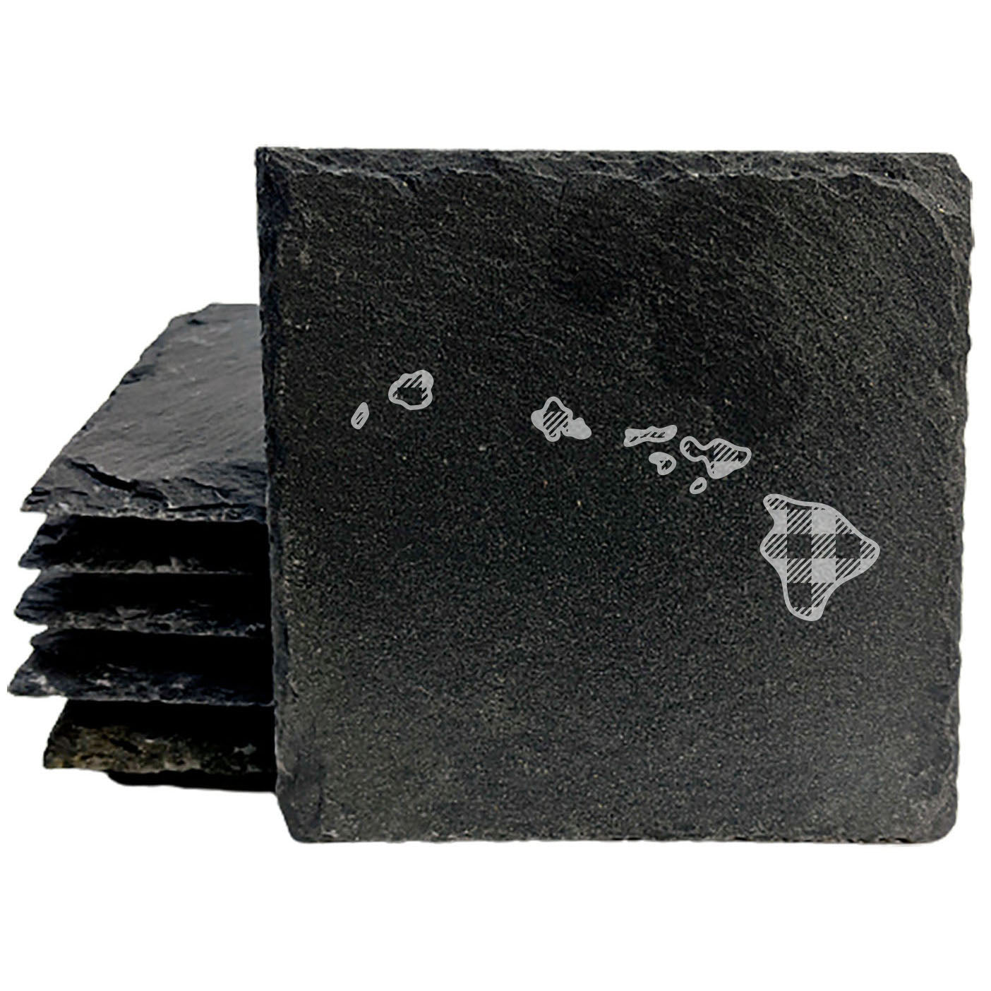 Rustic Slate Coasters Set of 4, Round 4" with Hawaii Plaid Design, Laser Etched, Natural Chipped Edge, Rubber Feet, , Perfect for She-Shed, Man Cave, Made in Oregon, USA