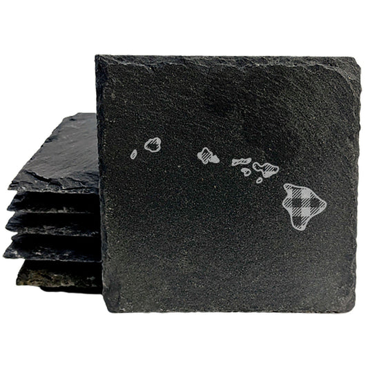 Rustic Slate Coasters Set of 4, Round 4" with Hawaii Plaid Design, Laser Etched, Natural Chipped Edge, Rubber Feet, , Perfect for She-Shed, Man Cave, Made in Oregon, USA