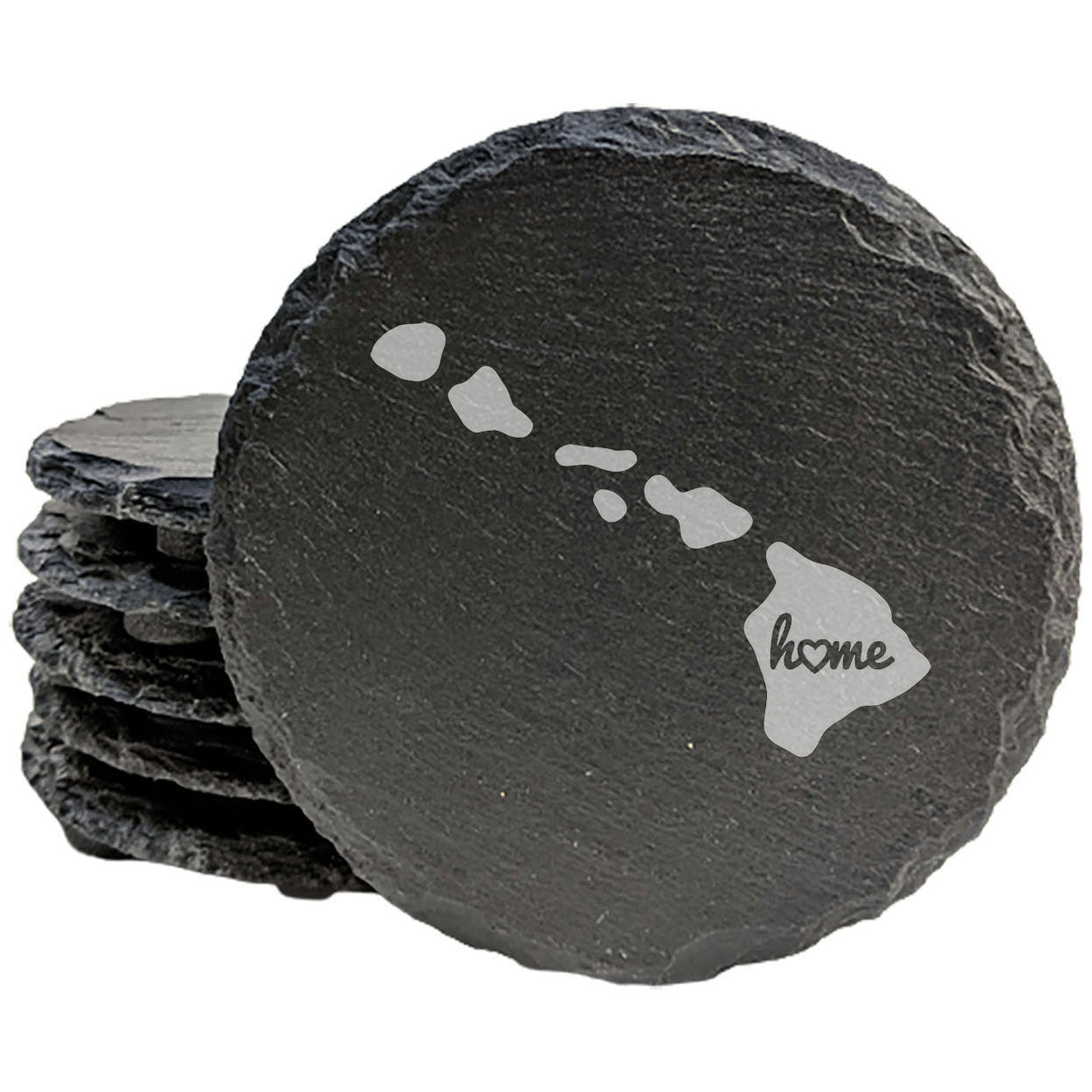 Rustic Slate Coasters Set of 4, Round 4" with Hawaii 'Home' Heart Design, Perfect for Holidays, Birthdays, Housewarming Gifts, She-Shed or Man Cave, Made in Oregon, USA, Natural Chipped Edge