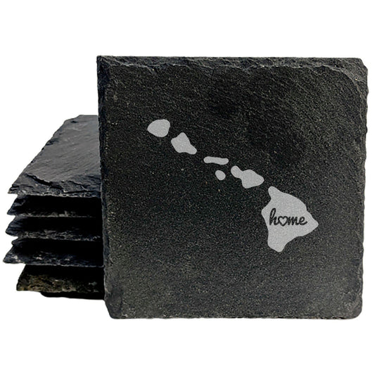 Rustic Slate Coasters Set of 4, Round 4" with Hawaii 'Home' Heart Design, Perfect for Holidays, Birthdays, Housewarming Gifts, She-Shed or Man Cave, Made in Oregon, USA, Natural Chipped Edge