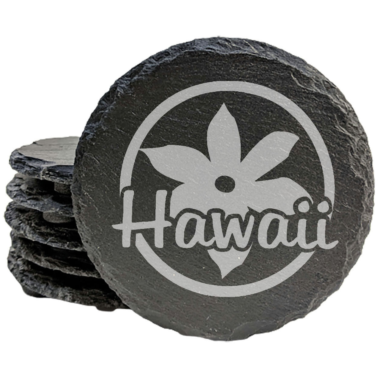 Rustic Slate Coasters Set of 4 - Hawaii Design with Flower - 4" Round or Square - Natural Chipped Edge, Rubber Feet - Perfect Gift for Holidays, Birthdays, Housewarming - Made in Oregon, USA