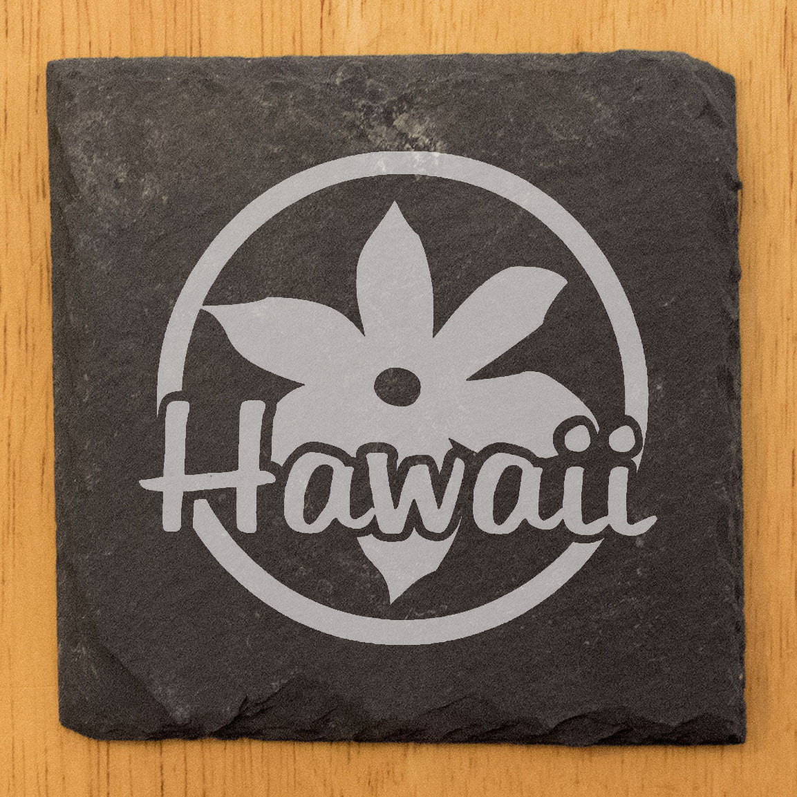 Rustic Slate Coasters Set of 4 - Hawaii Design with Flower - 4" Round or Square - Natural Chipped Edge, Rubber Feet - Perfect Gift for Holidays, Birthdays, Housewarming - Made in Oregon, USA