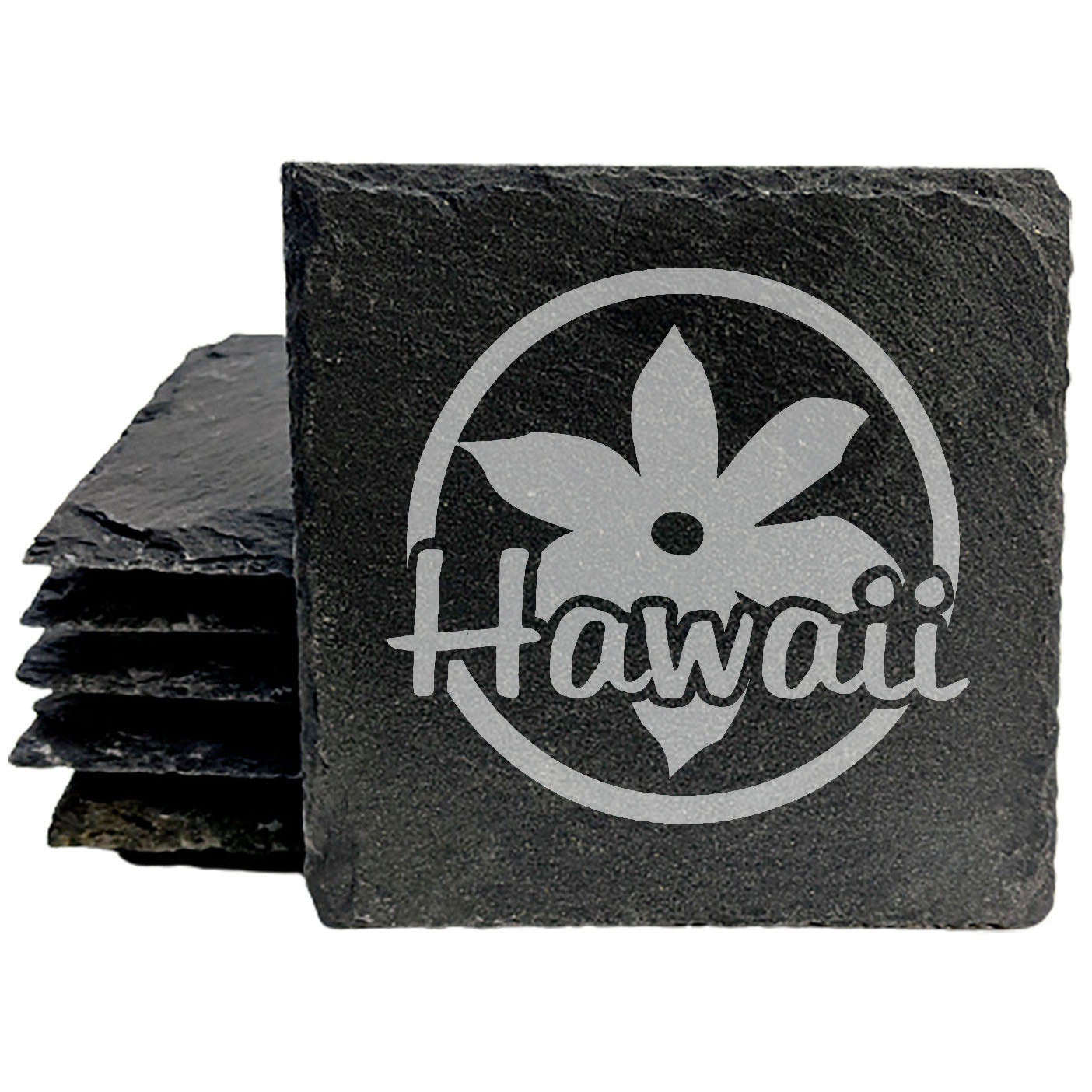Rustic Slate Coasters Set of 4 - Hawaii Design with Flower - 4" Round or Square - Natural Chipped Edge, Rubber Feet - Perfect Gift for Holidays, Birthdays, Housewarming - Made in Oregon, USA