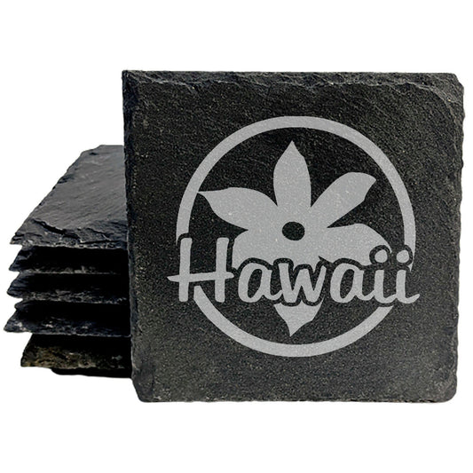 Rustic Slate Coasters Set of 4 - Hawaii Design with Flower - 4" Round or Square - Natural Chipped Edge, Rubber Feet - Perfect Gift for Holidays, Birthdays, Housewarming - Made in Oregon, USA
