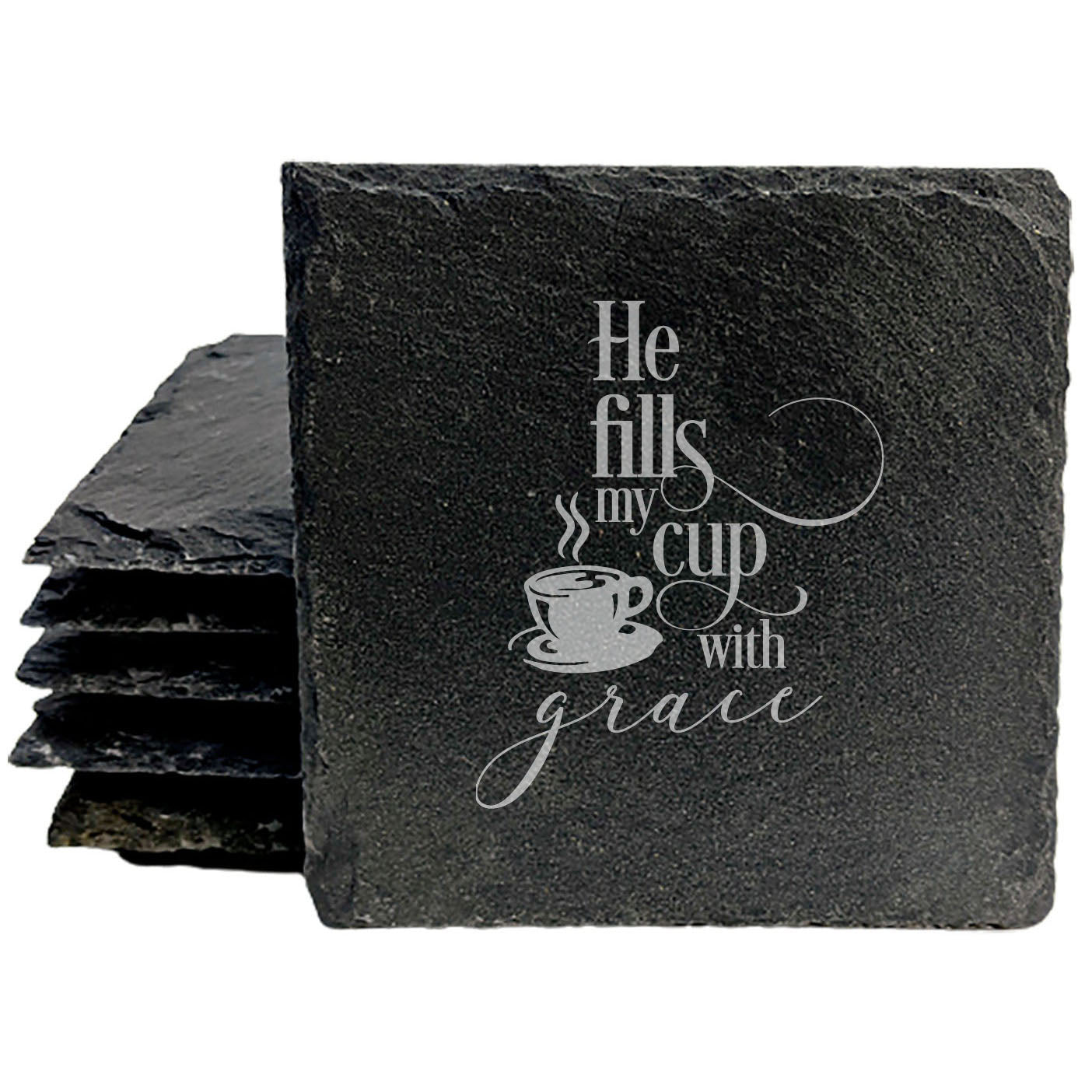 Faith and Hope: Laser Etched Slate Coasters: Christian Gift - "He Fills My Cup with Grace"
