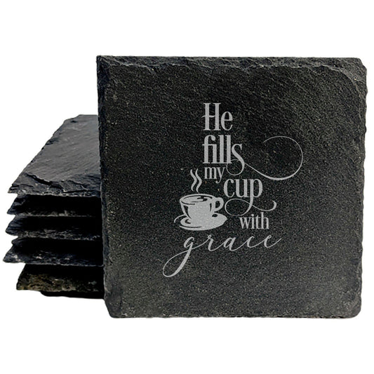 Faith and Hope: Laser Etched Slate Coasters: Christian Gift - "He Fills My Cup with Grace"