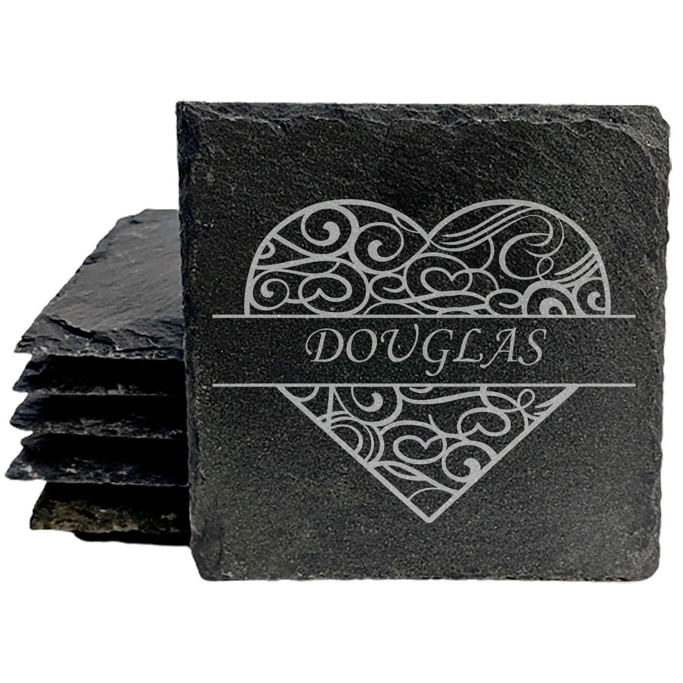 Love in Every Sip: Personalized Slate Coasters with Split Heart Monogram