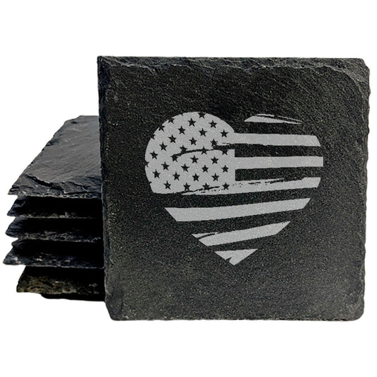 Rustic American Flag Coasters: Heart Shaped Design, Laser Etched Slate