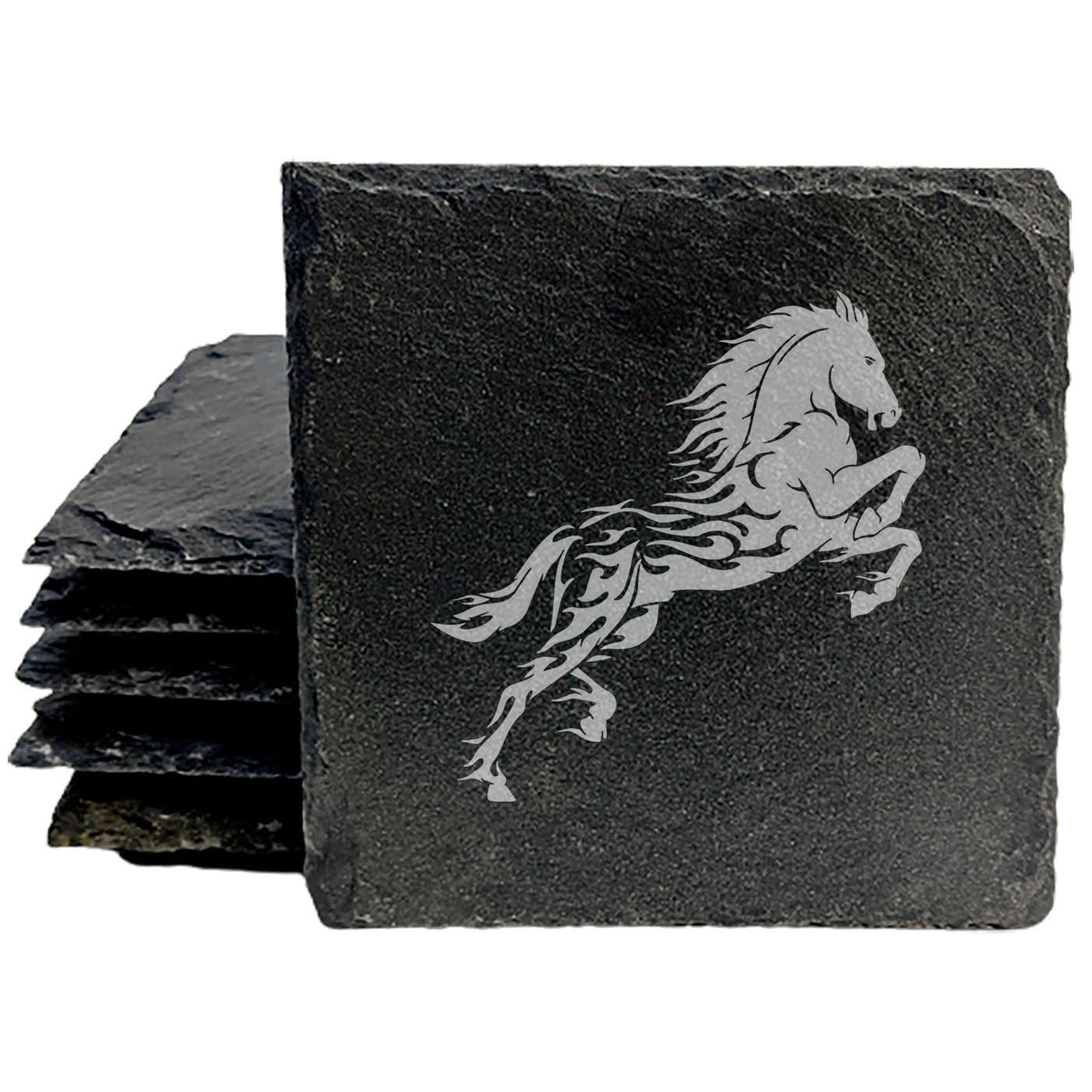 Unique Horse Coasters: Rustic Slate with Flaming Horse Design