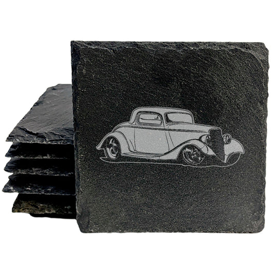 Premium Rustic Slate Coasters Set with Laser-Etched Hot Rod Coupe Design | Stylish Drink Coasters for Home Decor and Protection
