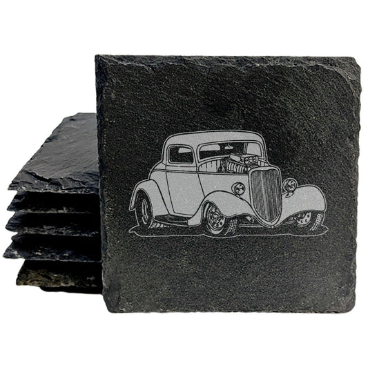 Premium Rustic Slate Coasters with Exquisite Laser-Etched Hot Rod Design | Elegant Home Decor and Unique Drinkware Protectors