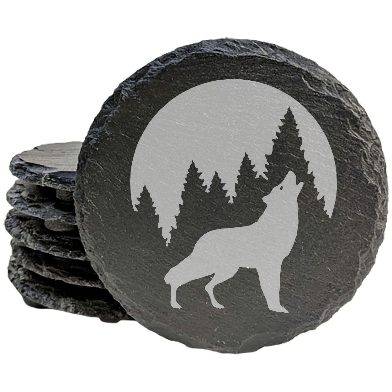 Howling Wolf Coasters: Rustic Slate with Laser Etched Design