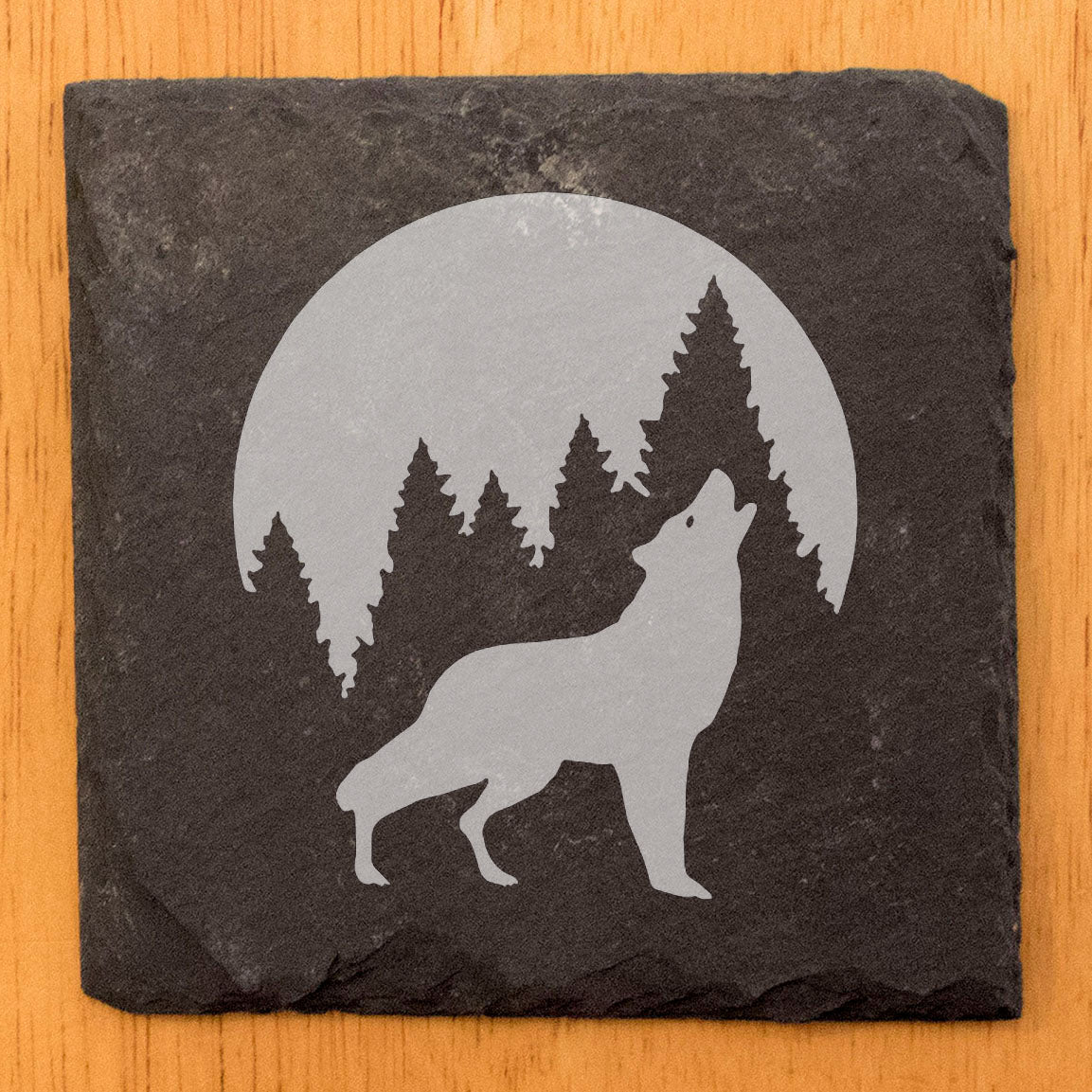 Howling Wolf Coasters: Rustic Slate with Laser Etched Design