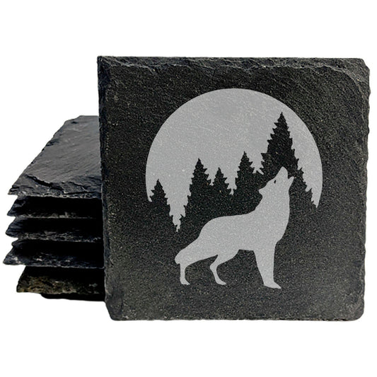 Howling Wolf Coasters: Rustic Slate with Laser Etched Design