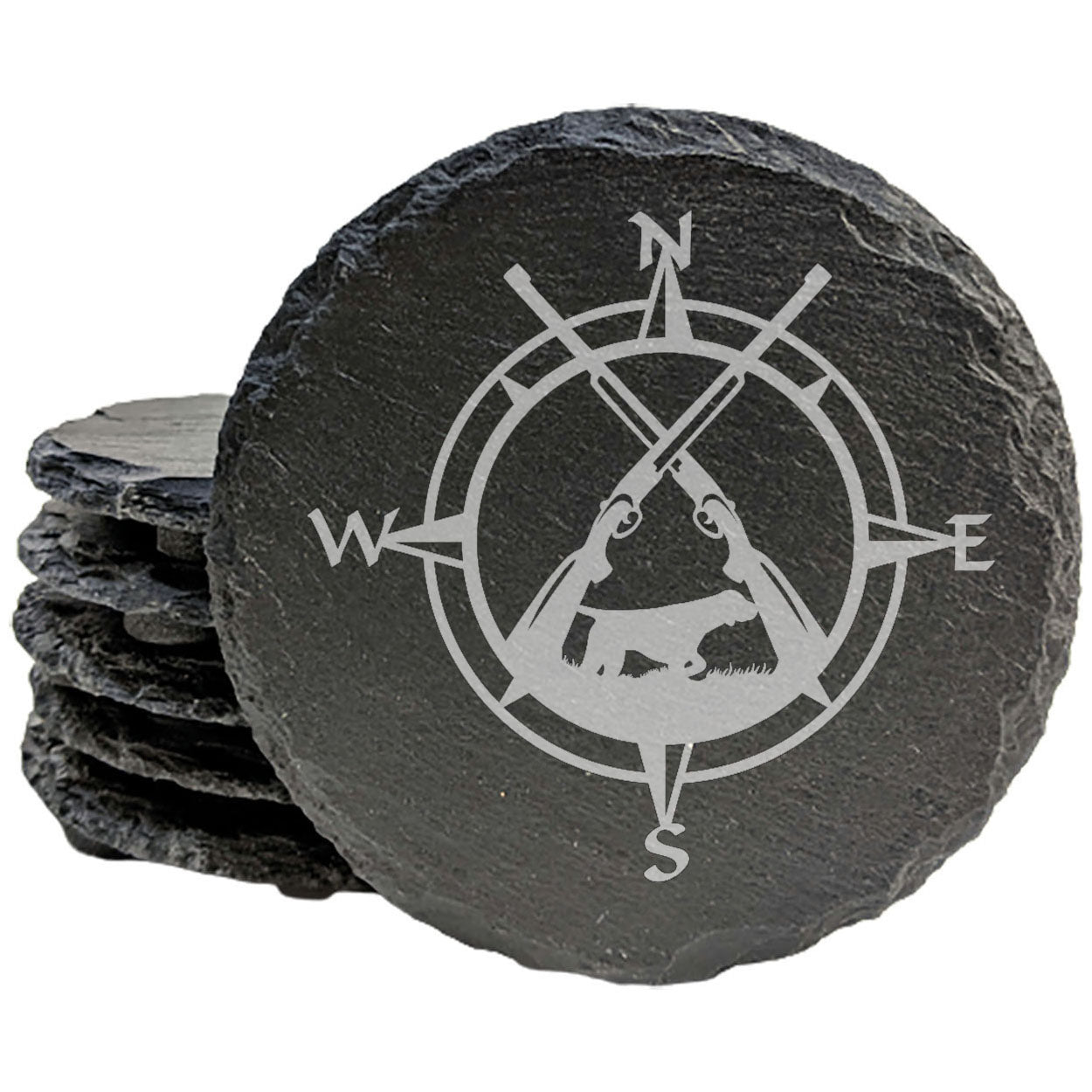 Hunting Enthusiast Coasters: Compass, Rifles &amp; Dog - Rustic Slate