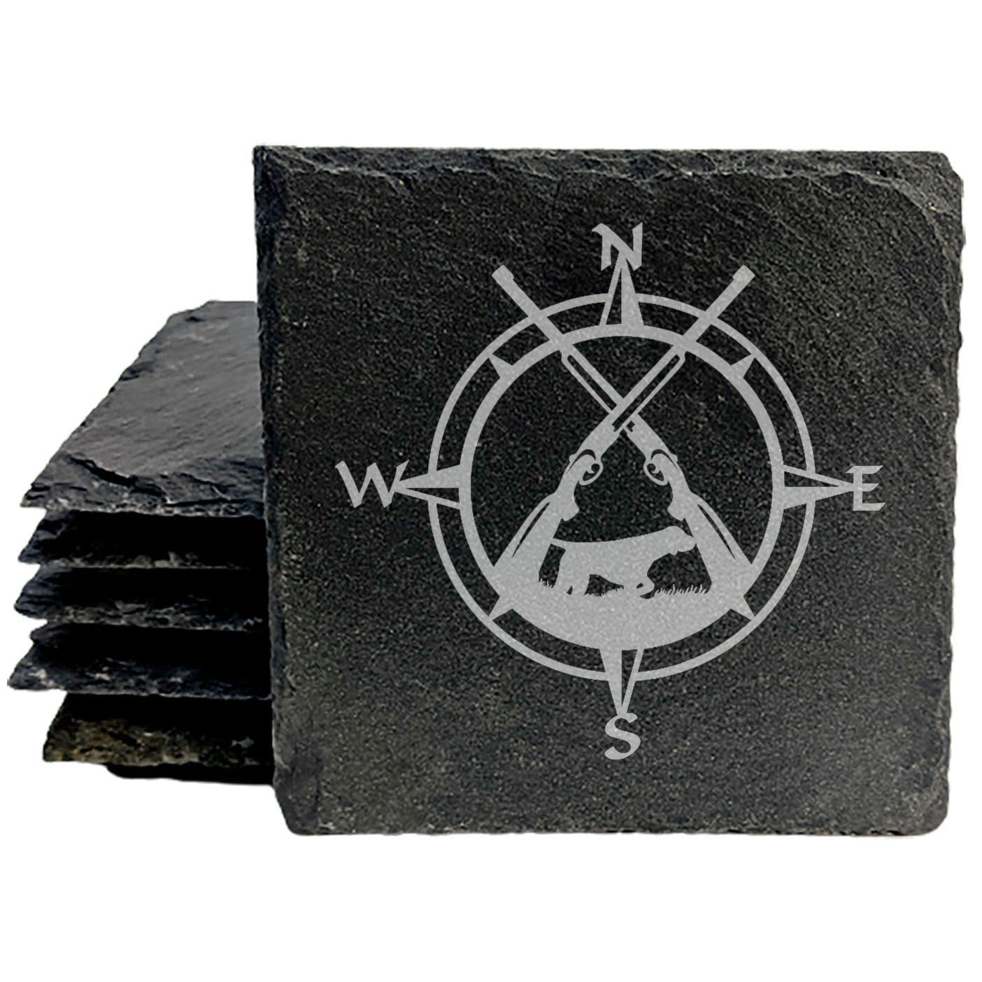 Hunting Enthusiast Coasters: Compass, Rifles &amp; Dog - Rustic Slate