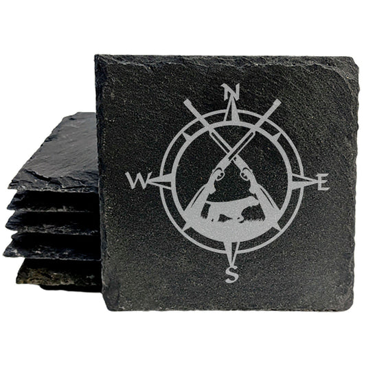 Hunting Enthusiast Coasters: Compass, Rifles &amp; Dog - Rustic Slate