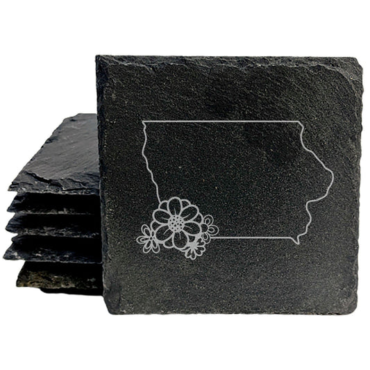 Rustic Slate Coasters Set of 4 - Iowa State Outline Design with Flower, 4" Round/Square, Natural Chipped Edge, Rubber Feet,  - Perfect for Holidays, Birthdays, Housewarming!