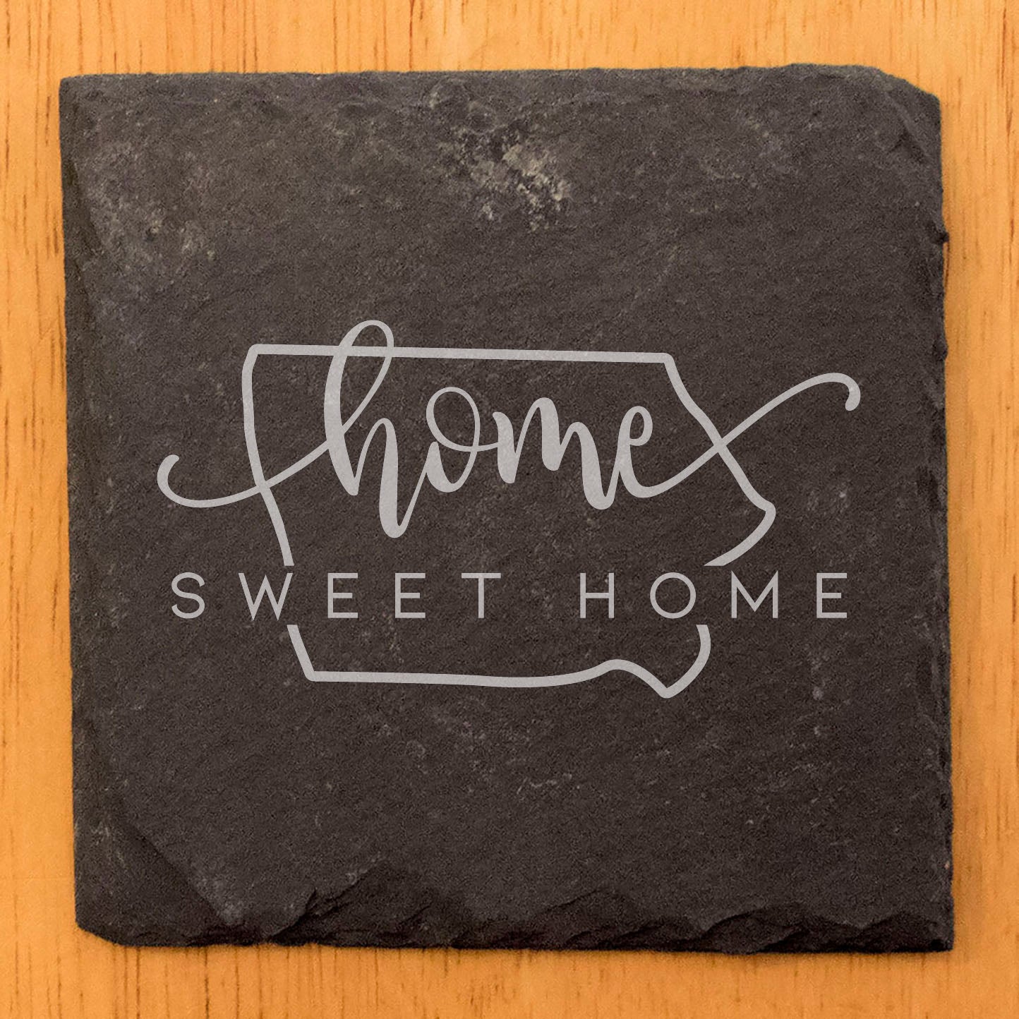 Rustic Slate Coasters Set of 4 - 4" Round with 'Home Sweet Home' Iowa Design, Natural Chipped Edge, Rubber Feet,  - Perfect for Holidays, Birthdays, Housewarming - Made in USA