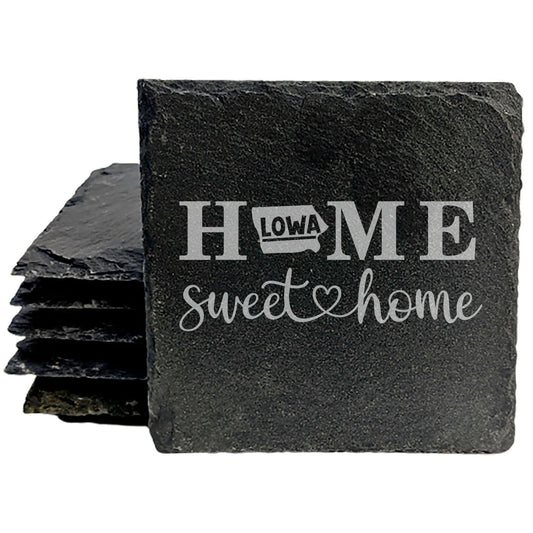 Rustic Slate Coasters Set of 4, Round 4" with 'HOME SWEET HOME' Iowa Design, Perfect Gift for Holidays, Birthdays, Housewarming, She-Shed, Man Cave, Made in Oregon, USA, Natural Chipped Edge