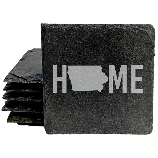 Rustic Slate Coasters Set of 4 - Iowa 'HOME' Design, 4" Round, Natural Chipped Edge, Rubber Feet,  - Perfect for Holidays, Birthdays, Housewarming - Made in Oregon, USA