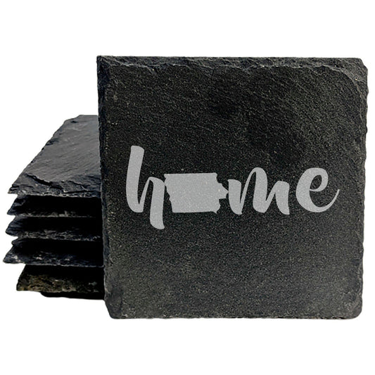 Rustic Slate Coasters Set of 4 - Laser Etched 'Home' Design with Iowa State Shape - Perfect Gift for Holidays, Birthdays, Housewarming - 4" Round/Square - Made in Oregon, USA - Natural Edge