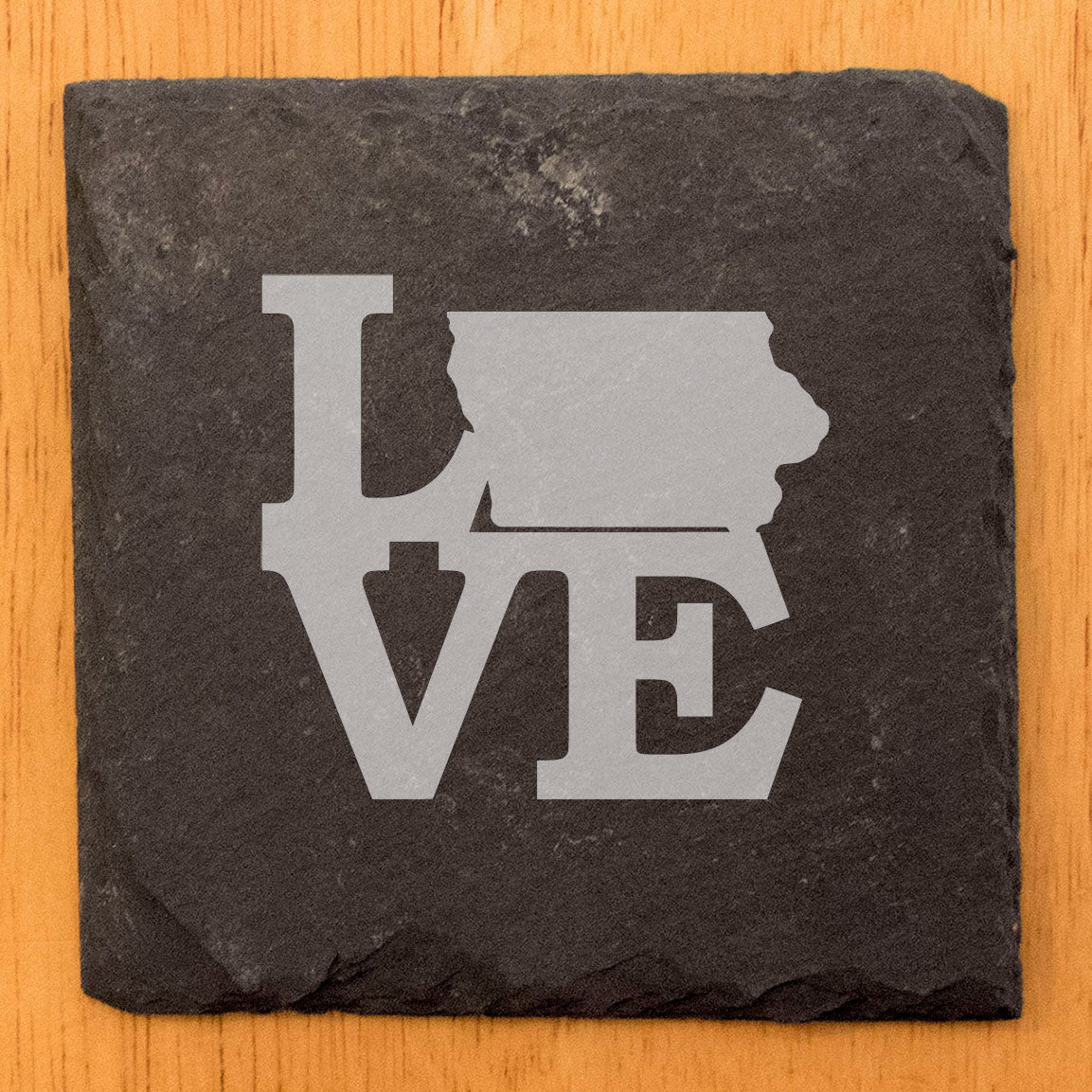 Rustic Slate Coasters Set of 4, Round 4" with 'LOVE' Iowa Design, Perfect for Holidays, Birthdays, Housewarming Gifts, She-Shed or Man Cave, Made in Oregon, USA, Natural Chipped Edge, Rubber Feet