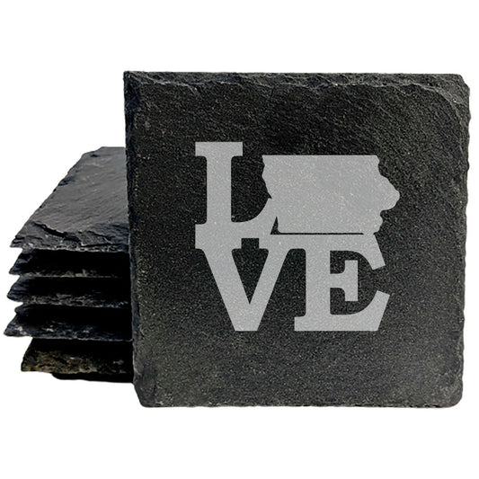 Rustic Slate Coasters Set of 4, Round 4" with 'LOVE' Iowa Design, Perfect for Holidays, Birthdays, Housewarming Gifts, She-Shed or Man Cave, Made in Oregon, USA, Natural Chipped Edge, Rubber Feet