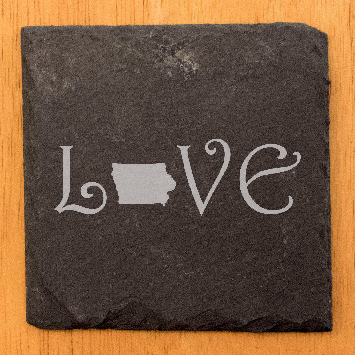 Rustic Slate Coasters Set of 4, Square 4" with 'LOVE' Iowa Design, Laser Etched, Perfect for Holidays, Birthdays, Housewarming Gifts, Made in Oregon, USA, Natural Chipped Edge, Rubber Feet