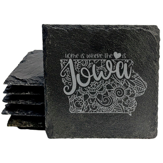 Rustic Slate Coasters Set of 4, Round 4" with Iowa Mandala Design, 'Home is Where the Heart Is' Quote, Perfect Gift for Holidays, Birthdays, Housewarming, Made in Oregon, USA, Natural Chipped Edge