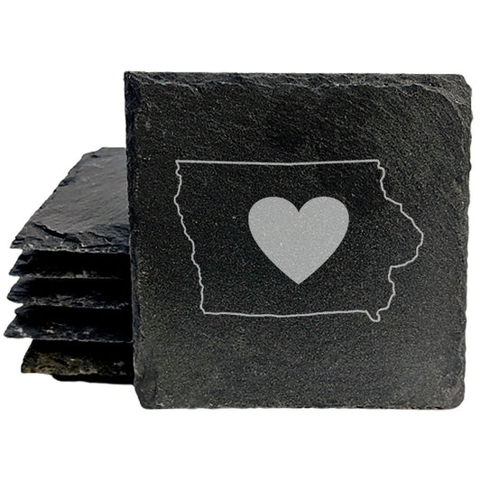 Rustic Slate Coasters Set of 4, Iowa Heart Design, 4" Round, Natural Chipped Edge, Rubber Feet, , Perfect for Holidays, Birthdays, Housewarming, She-Shed, Man Cave, Made in USA