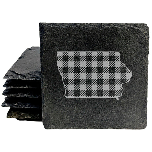 Rustic Slate Coasters Set of 4, Iowa Plaid Design, 4" Round, Natural Chipped Edge, Rubber Feet, , Perfect for Holidays, Birthdays, Housewarming, She-Shed, Man Cave, Made in USA