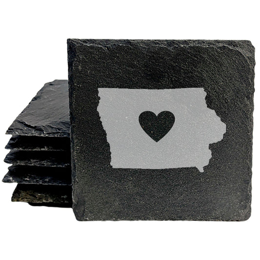 Rustic Slate Coasters Set of 4, Iowa Heart Design, 4" Round, Natural Chipped Edge, Rubber Feet, Perfect for She-Shed or Man Cave, , Handmade in Oregon, USA, Unique Gift Idea