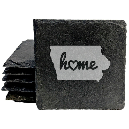 Rustic Slate Coasters Set of 4, Iowa 'Home' Design, 4" Round, Laser Etched, Natural Chipped Edge, Rubber Feet, , Perfect for Holidays, Birthdays, Housewarming, Made in Oregon, USA