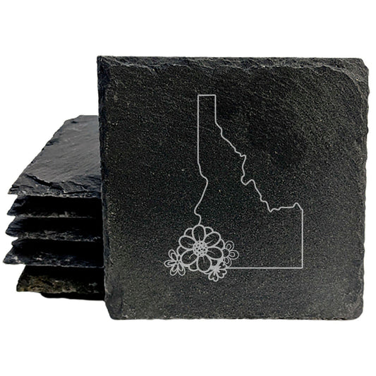 Rustic Slate Coasters Set of 4 - Laser Etched Idaho Design with Flower - Perfect Gift for Holidays, Birthdays, Housewarming - 4" Round/Square - Made in Oregon, USA - Natural Chipped Edge
