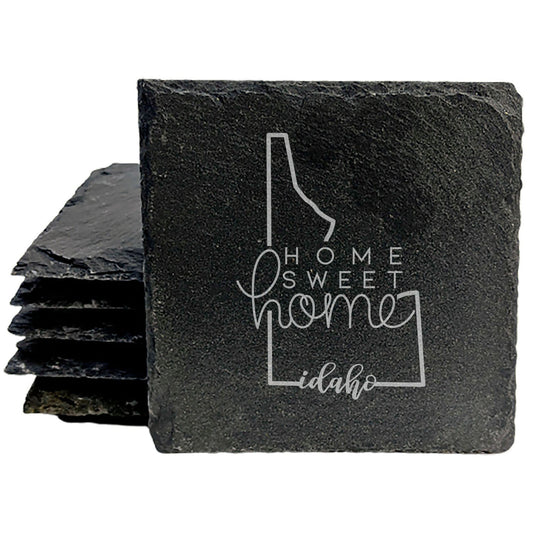 Rustic Slate Coasters Set of 4, Round 4" with Idaho 'Home Sweet Home' Design, Laser Etched, Perfect for Holidays, Birthdays, Housewarming, She-Shed, Man Cave, Made in Oregon, USA, Gift Boxed
