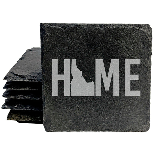 Rustic Slate Coasters Set of 4 - Laser Etched 'HOME' Design with Idaho State - Perfect Gift for Holidays, Birthdays, Housewarming - 4" Round, Natural Chipped Edge, Rubber Feet - Made in USA