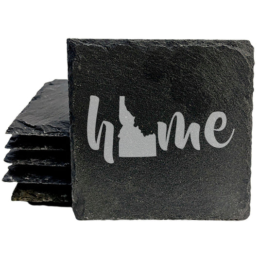 Rustic Slate Coasters Set of 4 - Laser Etched 'Home' Design with Idaho State - Perfect Gift for Holidays, Birthdays, Housewarming - 4" Round/Square - Made in Oregon, USA - Natural Chipped Edge