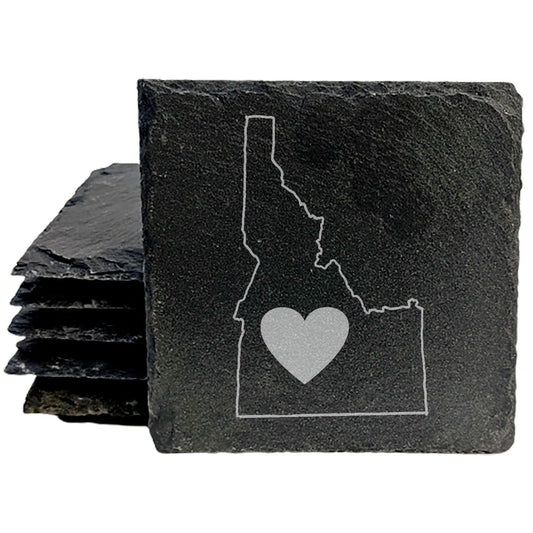 Rustic Slate Coasters Set of 4 - Idaho Heart Design, 4" Round, Natural Chipped Edge, Rubber Feet,  - Perfect for Holidays, Birthdays, Housewarming - Made in Oregon, USA