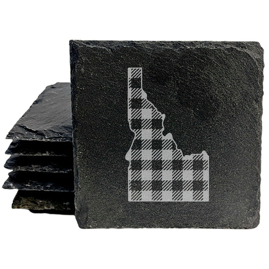Rustic Slate Coasters Set of 4 - Idaho Plaid Design, 4" Round, Natural Chipped Edge, Rubber Feet,  - Perfect for Holidays, Birthdays, Housewarming - Made in Oregon, USA