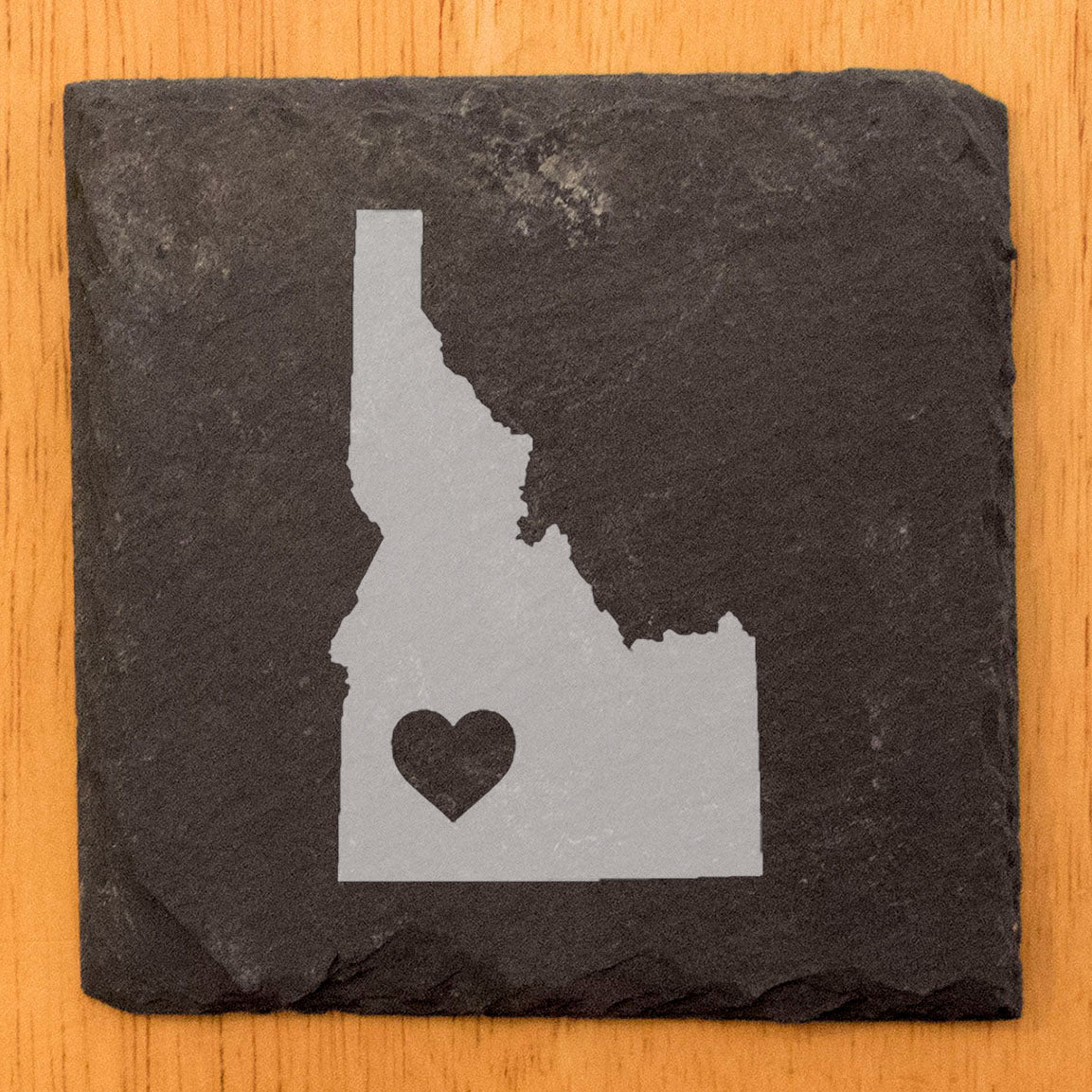 Rustic Slate Coasters Set of 4, Round 4" with Idaho Heart Design, Laser Etched, Natural Chipped Edge, Rubber Feet, , Perfect for Holidays, Birthdays, Housewarming, Made in USA