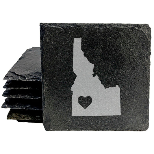 Rustic Slate Coasters Set of 4, Round 4" with Idaho Heart Design, Laser Etched, Natural Chipped Edge, Rubber Feet, , Perfect for Holidays, Birthdays, Housewarming, Made in USA