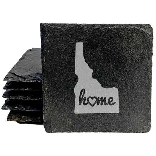 Rustic Slate Coasters Set of 4 - Idaho 'Home' Design with Heart - Perfect Gift for Holidays, Birthdays, Housewarming - Round 4" - Natural Chipped Edge, Rubber Feet - Made in Oregon, USA