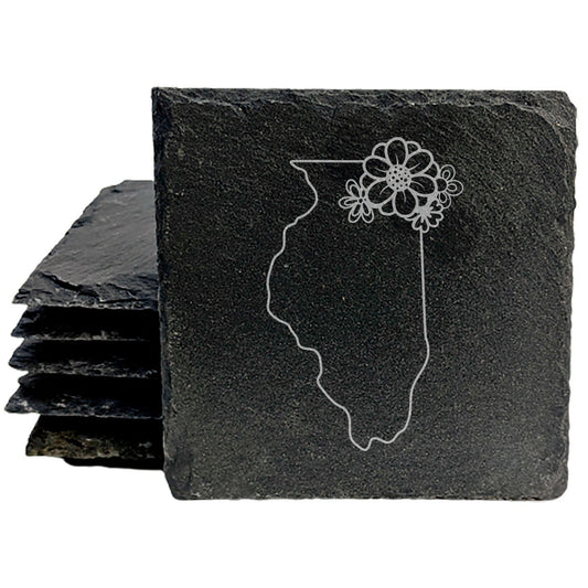 Rustic Slate Coasters Set of 4 - Illinois State Outline Design with Flower, 4" Round/Square, Natural Chipped Edge, Rubber Feet,  - Perfect for Holidays, Birthdays, Housewarming!