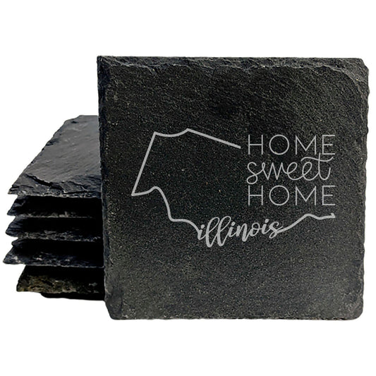 Rustic Slate Coasters Set of 4, Round 4" with Illinois 'Home Sweet Home' Design, Laser Etched, Perfect for Holidays, Birthdays, Housewarming Gifts, Made in Oregon, USA, Natural Chipped Edge