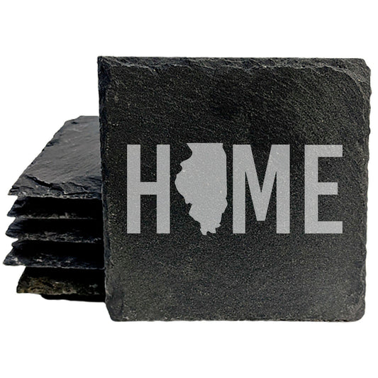 Rustic Slate Coasters Set of 4 - Laser Etched 'HOME' Design with Illinois State - Perfect Gift for Holidays, Birthdays, Housewarming - 4" Round, Natural Chipped Edge, Made in Oregon, USA